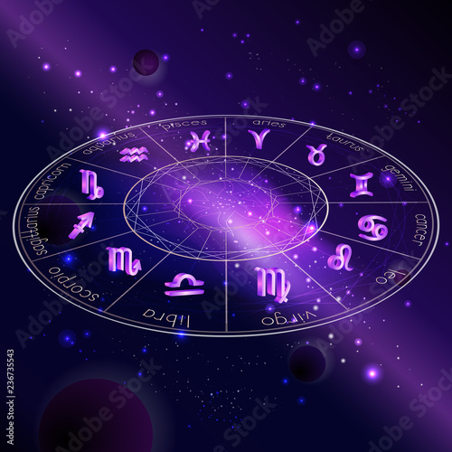 Vector illustration of Horoscope circle with Zodiac signs against the space background.