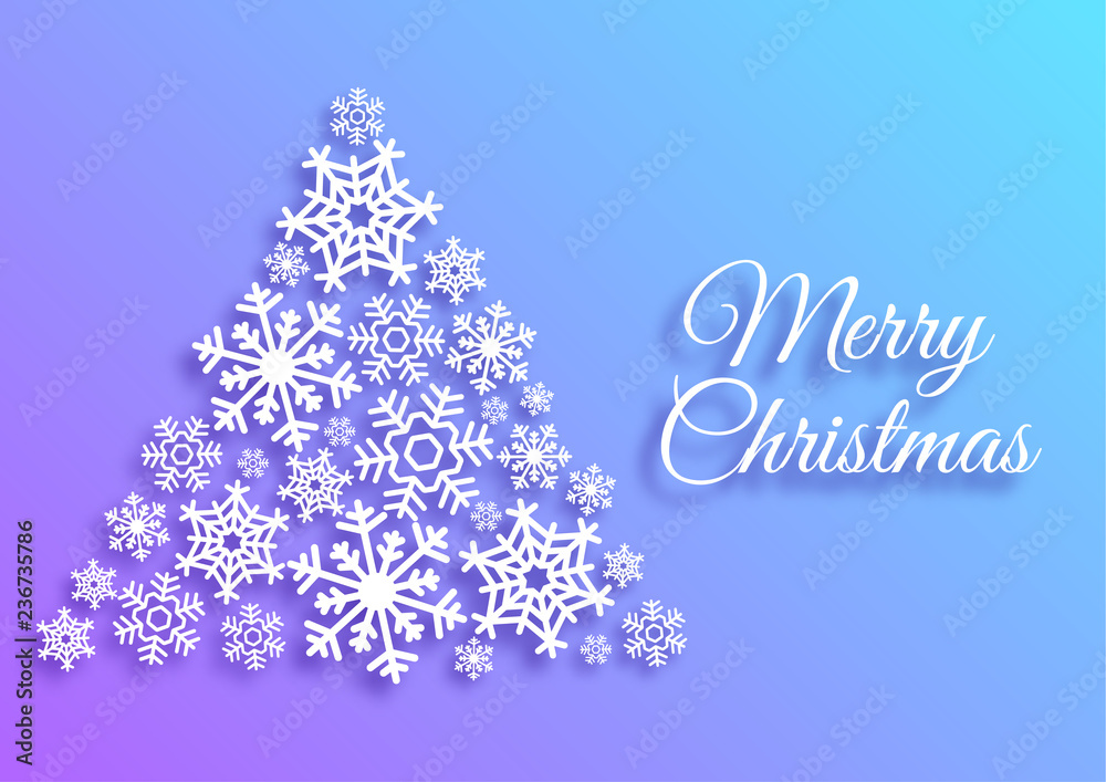 Merry Christmas greeting card with christmas tree made of white snowflakes. Xmas vector background template. Elegant poster, flyer ornament decoration. New Year, Winter Holidays design for celebration Merry Christmas greeting card with christmas tree made of white snowflakes. Xmas vector background template. Elegant poster, flyer ornament decoration. New Year, Winter Holidays design for celebration