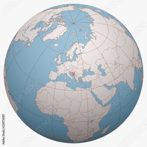 Bosnia and Herzegovina (B&H, BiH) on the globe. Earth hemisphere centered at the location of Bosnia and Herzegovina. Bosnia and Herzegovina map.