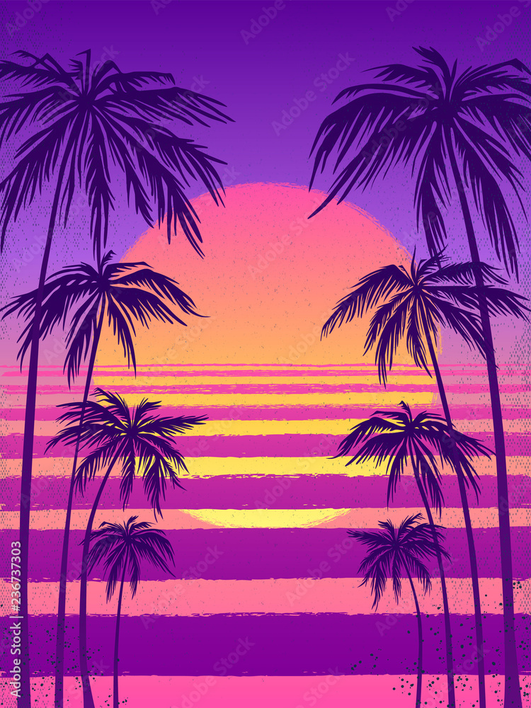 Naklejka premium zachód słońca z palmami, modne fioletowe tło. Ilustracja wektorowa, element projektu na karty gratulacyjne, druk, banery i inne