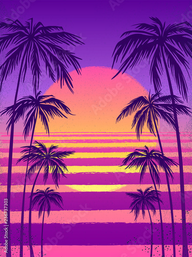 sunset with palm trees, trendy purple background. Vector illustration, design element for congratulation cards, print, banners and others © 4clover