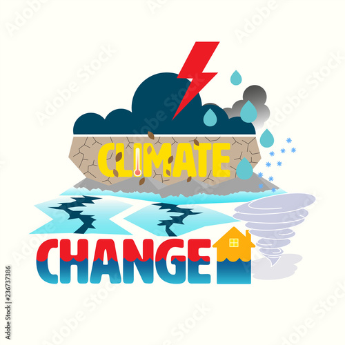 Typographic design with weather outline flat symbols as a gimmick. Anthropogenic climate change concept. Vector illustration.