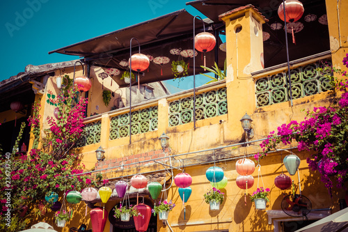 Hoian Ancient town houses. Colourful buildings with festive silk lanterns. UNESCO heritage site. Vietnam. © Curioso.Photography