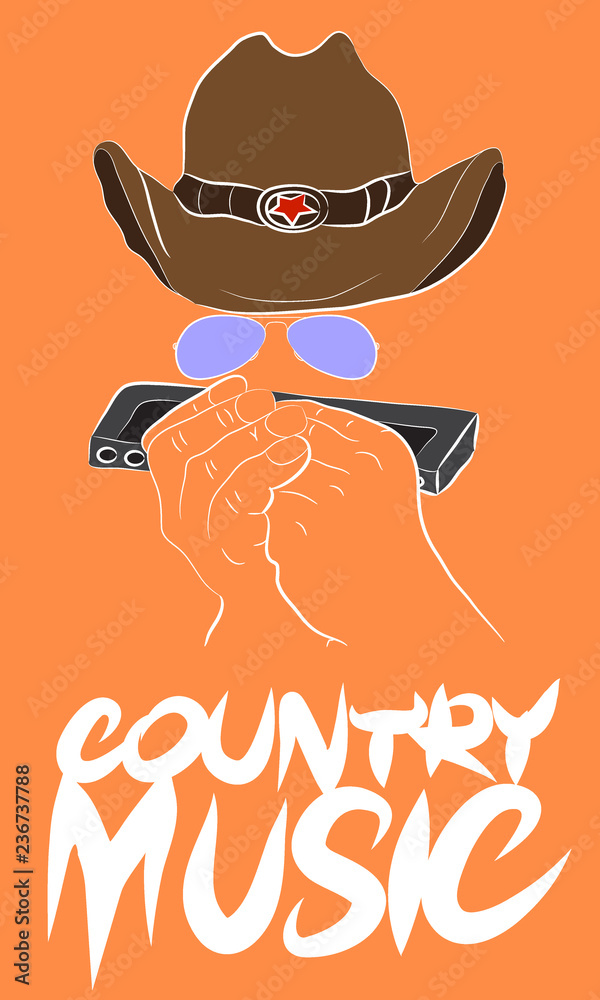 Country music illustration set for postcards or festival banners. Man  playing harmonica in american cowboy hat and glasses. Stock Vector | Adobe  Stock