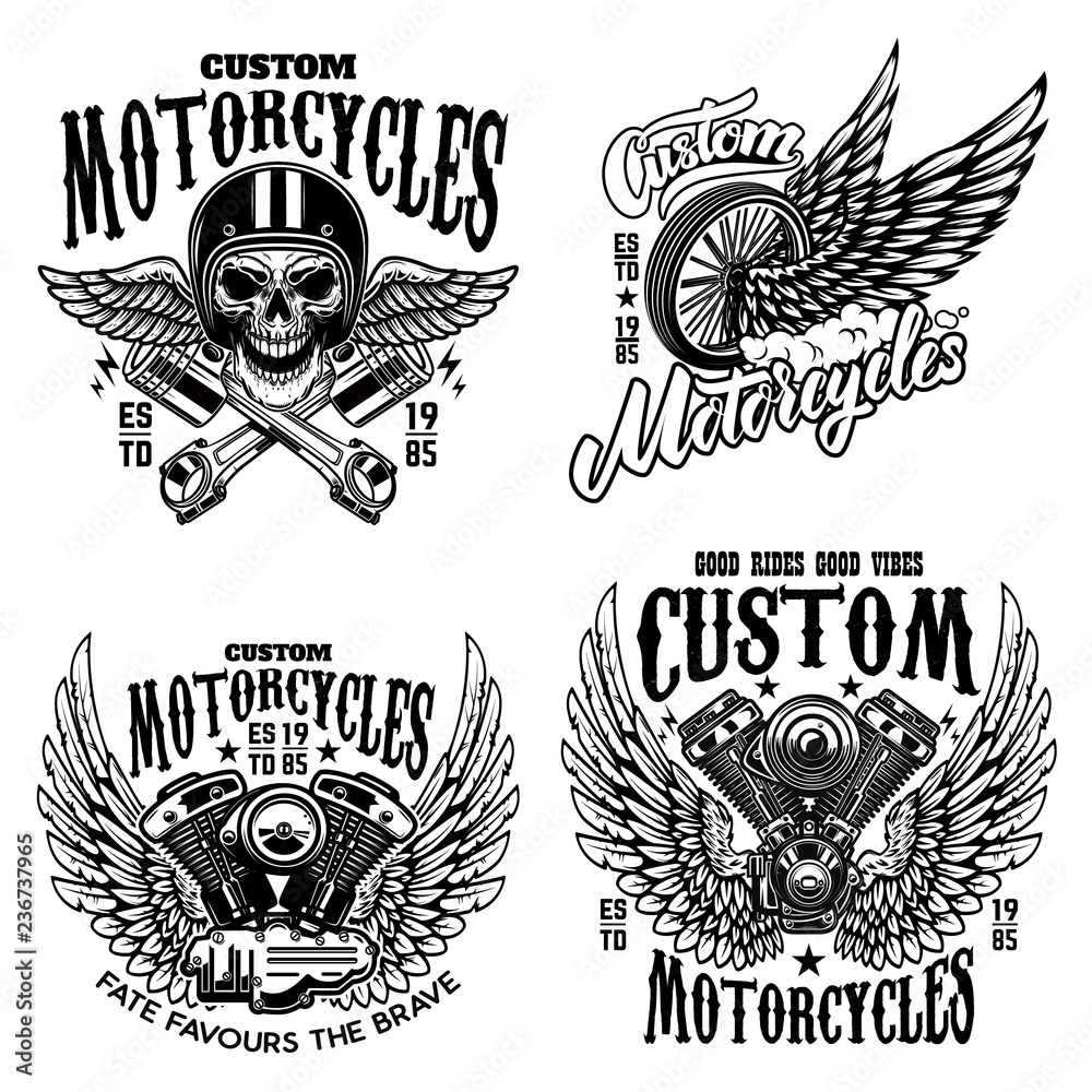 Set of racer emblem templates with motorcycle motor, wheels. wings. Design element for logo, label, emblem, sign, poster, t shirt. Set of racer emblem templates with motorcycle motor, wheels. wings. Design element for logo, label, emblem, sign, poster, t shirt.
