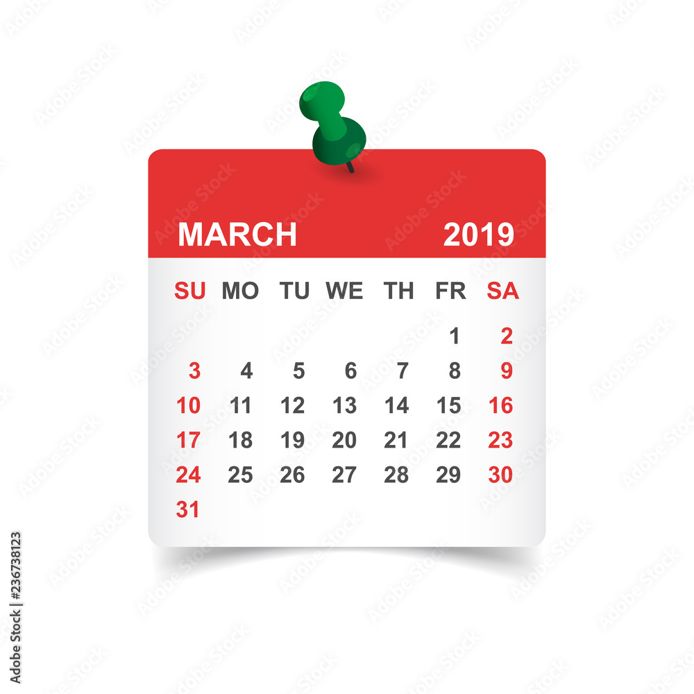 Calendar march 2019 year in paper sticker with pin. Calendar planner design  template. Agenda march monthly reminder. Business vector illustration.  Stock Vector | Adobe Stock