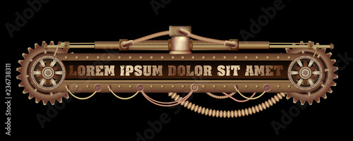 Freely editable mechanical banner decorated with brass gears, nozzles and rivets on a black Steampunk background.