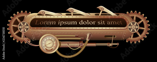 Freely editable mechanical banner decorated with brass gears, nozzles and rivets on a black Steampunk background.