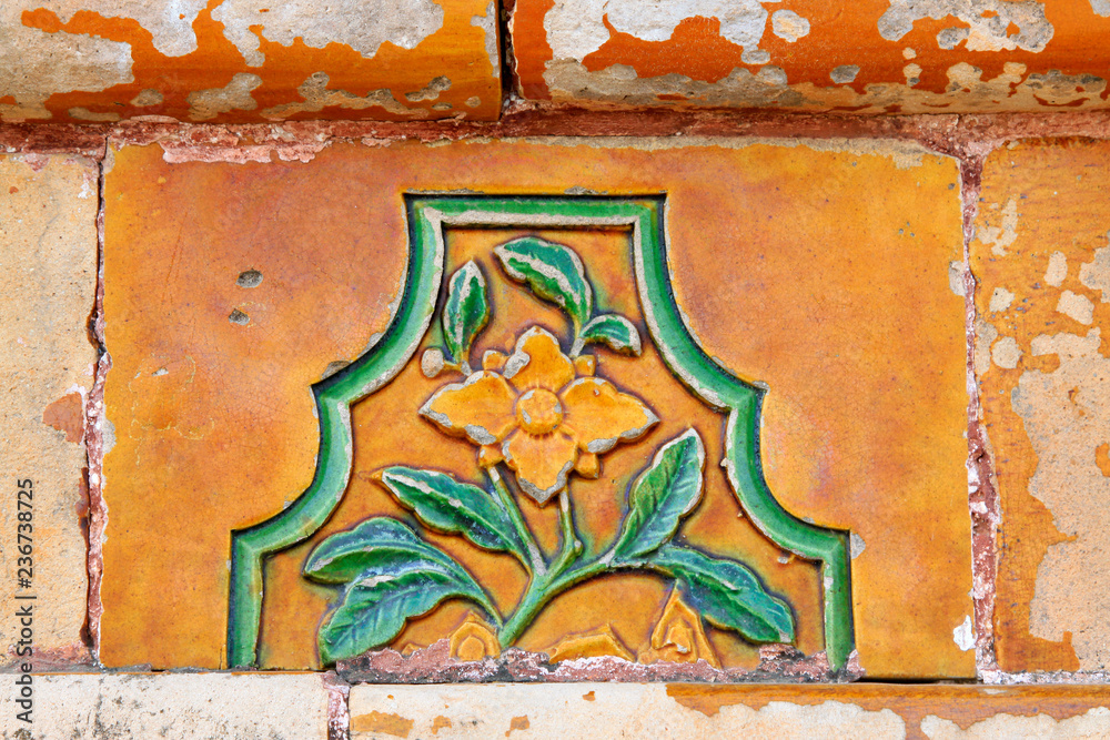 Colored glaze carving in the Eastern Tombs of the Qing Dynasty, China...
