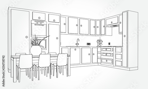 Hand drawn kitchen furniture. Vector illustration in sketch style. vector illustration kitchen furniture and equipment.
