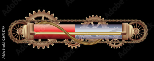 Freely editable mechanical banner decorated with brass gears  nozzles and rivets on a black Steampunk background.