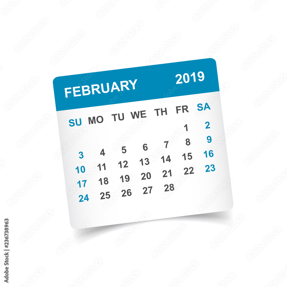 Calendar february 2019 year in paper sticker with shadow. Calendar planner design template. Agenda february monthly reminder. Business vector illustration. Calendar february 2019 year in paper sticker with shadow. Calendar planner design template. Agenda february monthly reminder. Business vector illustration.