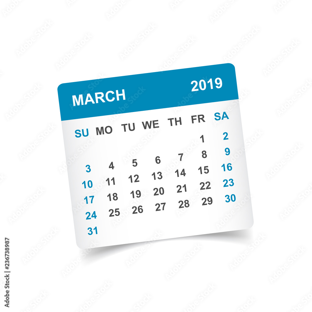 Calendar march 2019 year in paper sticker with shadow. Calendar planner design template. Agenda march monthly reminder. Business vector illustration. Calendar march 2019 year in paper sticker with shadow. Calendar planner design template. Agenda march monthly reminder. Business vector illustration.