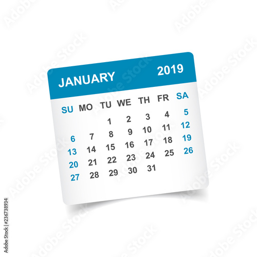 Calendar january 2019 year in paper sticker with shadow. Calendar planner design template. Agenda january monthly reminder. Business vector illustration.