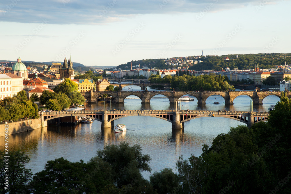 Bridges of Prague over Vltava River, Scenic View from Letna - obrazy, fototapety, plakaty 