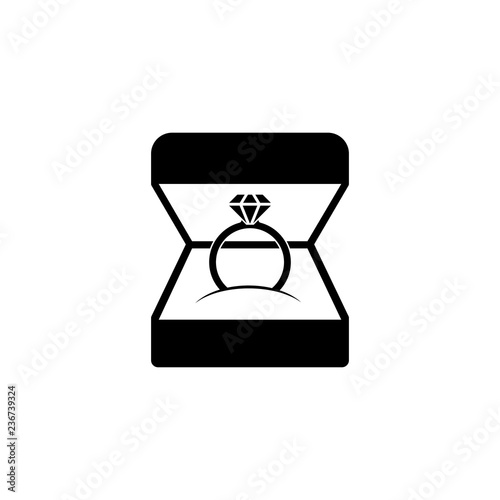 Wedding ring in gift box icon black on white background. Ring with diamond as a symbol of love, a sign of a marriage proposal. Jewelry isolated. Vector illustration flat design.