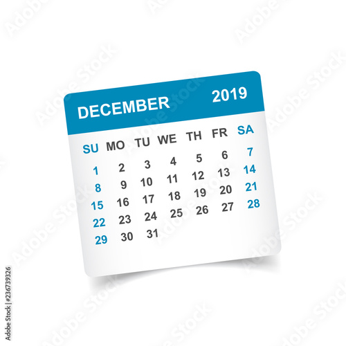 Calendar december 2019 year in paper sticker with shadow. Calendar planner design template. Agenda december monthly reminder. Business vector illustration.