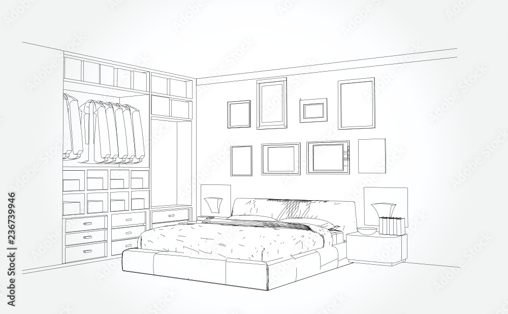 Obraz premium Linear sketch of an interior. Room plan. Sketch Line bedrooms. Vector illustration.outline sketch drawing perspective of a interior space