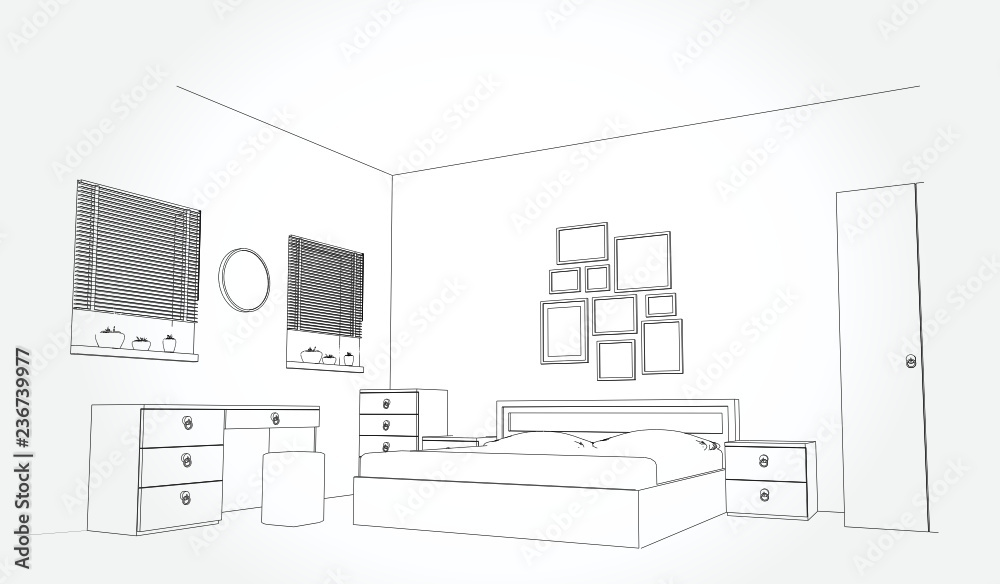 Linear sketch of an interior. Room plan. Sketch Line bedrooms. Vector illustration.outline sketch drawing perspective of a interior space Linear sketch of an interior. Room plan. Sketch Line bedrooms. Vector illustration.outline sketch drawing perspective of a interior space