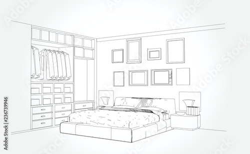 Linear sketch of an interior. Room plan. Sketch Line bedrooms. Vector illustration.outline sketch drawing perspective of a interior space