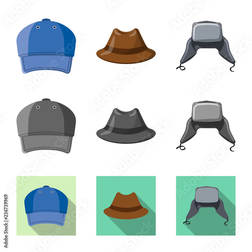 Vector illustration of headgear and cap symbol. Collection of headgear and accessory stock symbol for web.