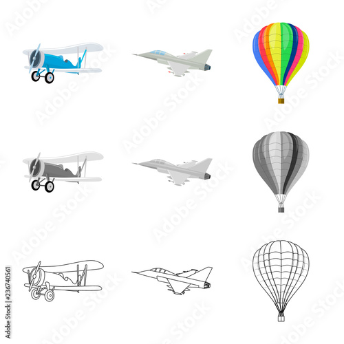 Vector design of plane and transport symbol. Collection of plane and sky stock symbol for web.