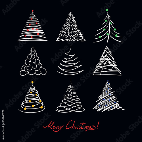 Сhristmas tree set. Cute doodle white color hand drawn fir tree holiday clip art on black. Group of design elements. Vector simple line illustration.