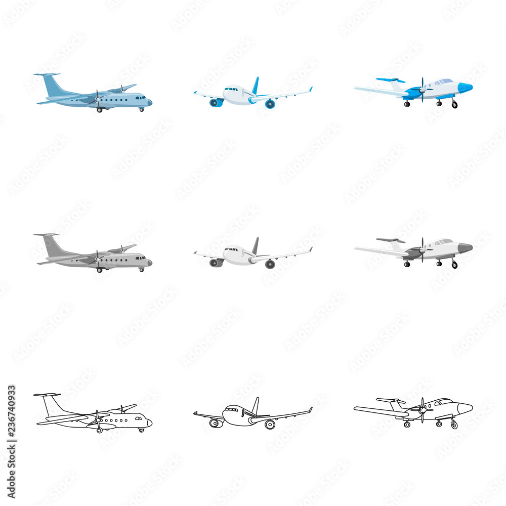 Vector design of plane and transport logo. Collection of plane and sky vector icon for stock.