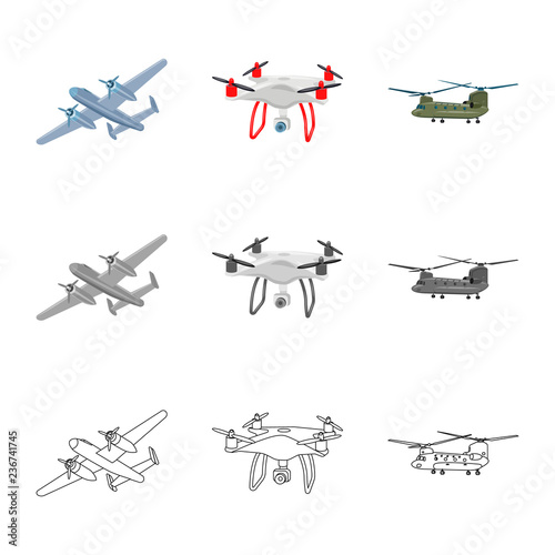 Vector illustration of plane and transport sign. Collection of plane and sky vector icon for stock.