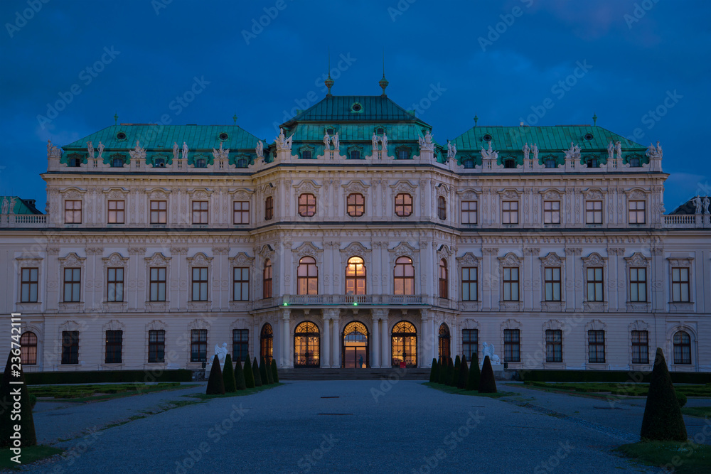 Facade of the Belvedere Palace in the April twilight. Vienna, Austria