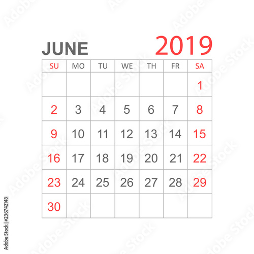 Calendar june 2019 year in simple style. Calendar planner design template. Agenda june monthly reminder. Business vector illustration.