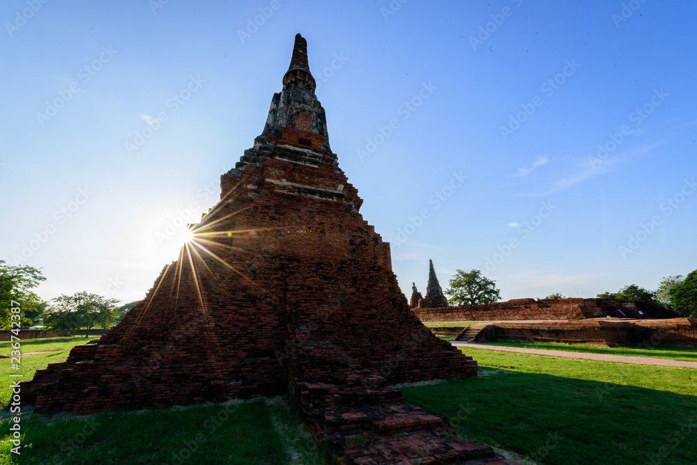 Wat Mahathat in the morning with sunrise at Ayutthaya province, Thailand