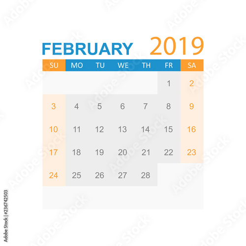 Calendar february 2019 year in simple style. Calendar planner design template. Agenda february monthly reminder. Business vector illustration.
