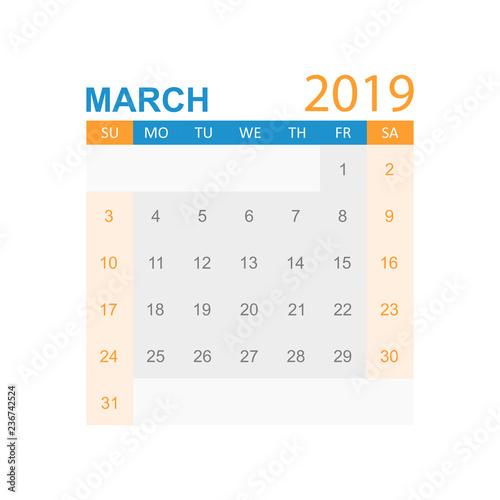 Calendar march 2019 year in simple style. Calendar planner design template. Agenda march monthly reminder. Business vector illustration.