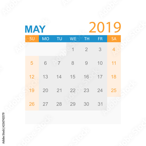 Calendar may 2019 year in simple style. Calendar planner design template. Agenda may monthly reminder. Business vector illustration.