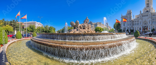 Panoramic view of the fountain of the goddess Cibeles, one of the main monuments in the center of Madrid, Spain