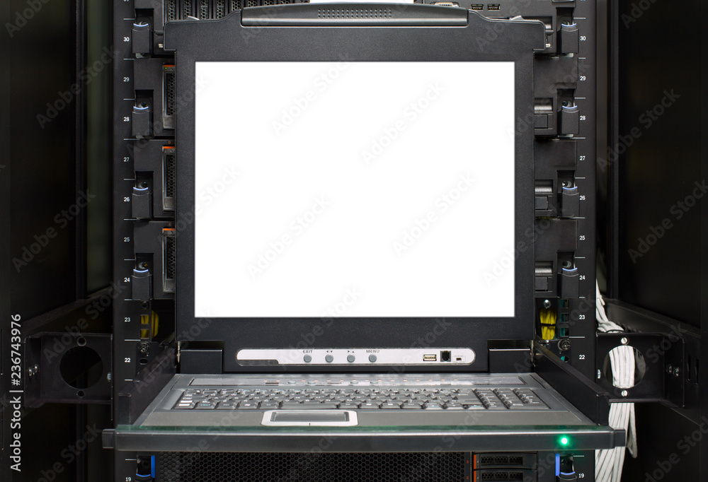 Server computer KVM display in the modern interior of data center. Super Computer, Server Room. Server computer KVM display in the modern interior of data center. Super Computer, Server Room.