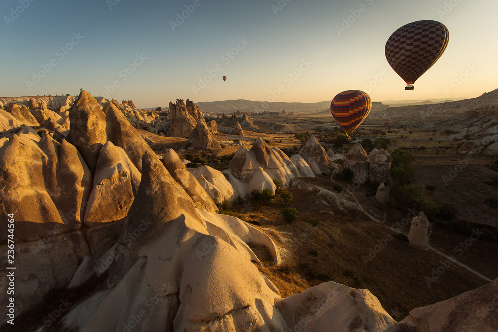View from above the Cappadocia Valleys with balloons. Turkey.