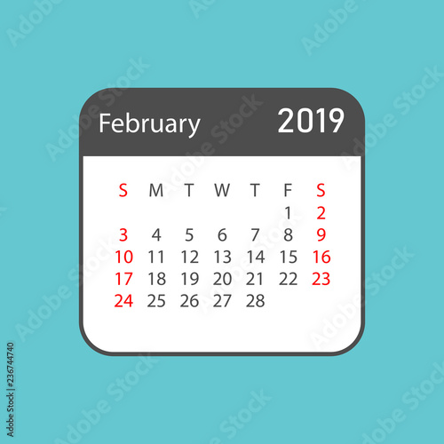 Calendar february 2019 year in simple style. Calendar planner design template. Agenda february monthly reminder. Business vector illustration.