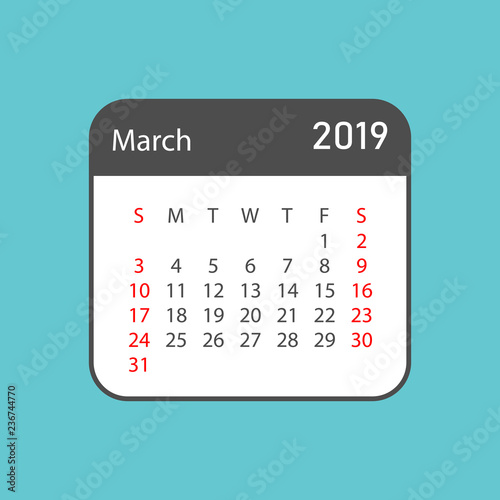 Calendar march 2019 year in simple style. Calendar planner design template. Agenda march monthly reminder. Business vector illustration.