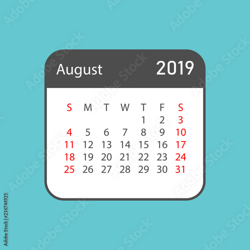 Calendar august 2019 year in simple style. Calendar planner design template. Agenda august monthly reminder. Business vector illustration.