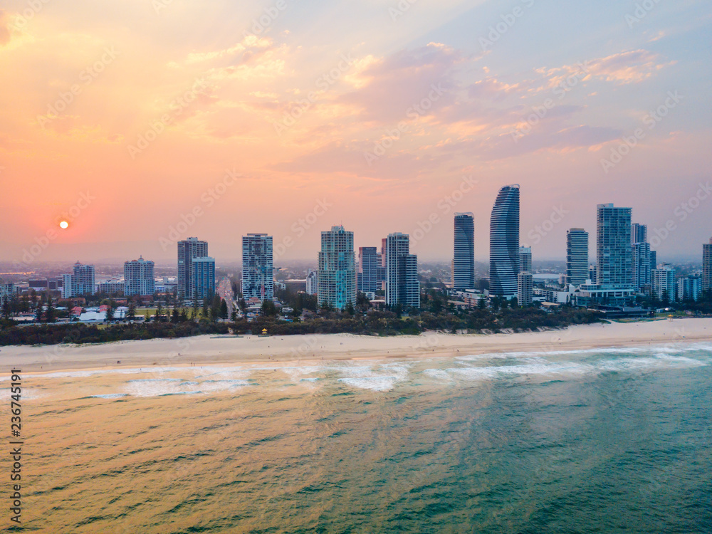 Naklejka premium An aerial view of Broadbeach on the Gold Coast at sunset