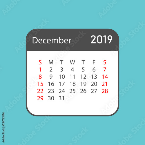 Calendar december 2019 year in simple style. Calendar planner design template. Agenda december monthly reminder. Business vector illustration.