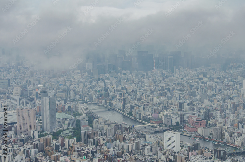 Aerial view of Tokyo cityscape from high above. Dense populated area with many buildings.