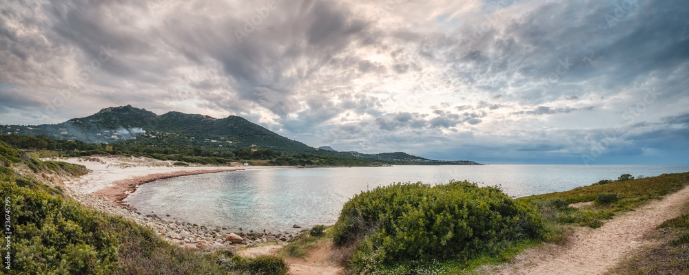Panoramic view of Bodri beach in Balagne region of Corsica