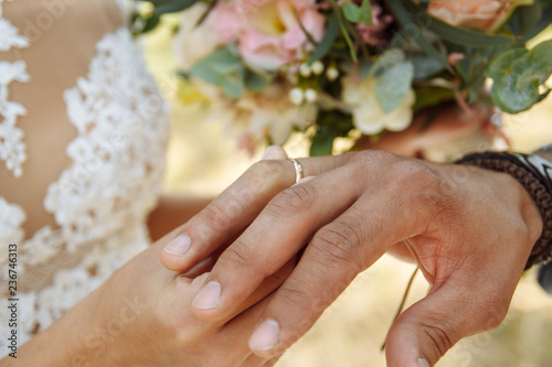 wedding couple wearing gold finger rings