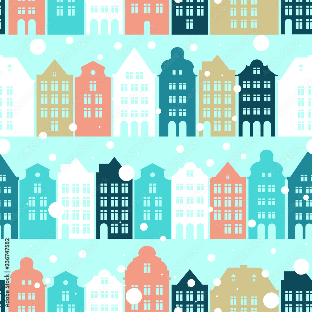 Merry Christmas. Seamless pattern with the streets of the city covered with snow. Winter cityscape. Vector illustration.