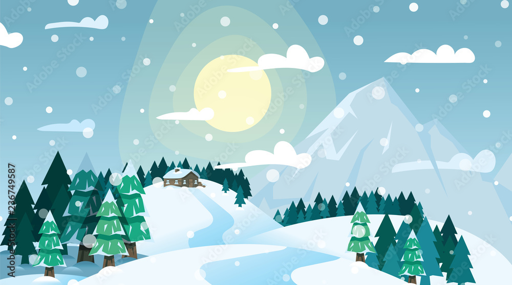 Winter landscape house on snowy coniferous forest and mountains on blue sky and bright sun background. Winter forest, house on snowy mountain. Merry Christmas and New Year concept.