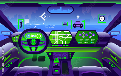 Autonomous smart car interior. Self driving at city landscape.
