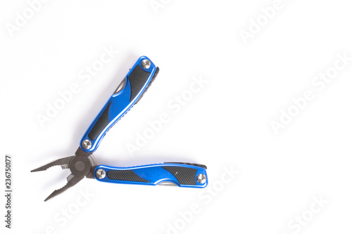 Blue open multitool with pliers knife screwdriver bottle opener saw all-in-one instrument isolated top view